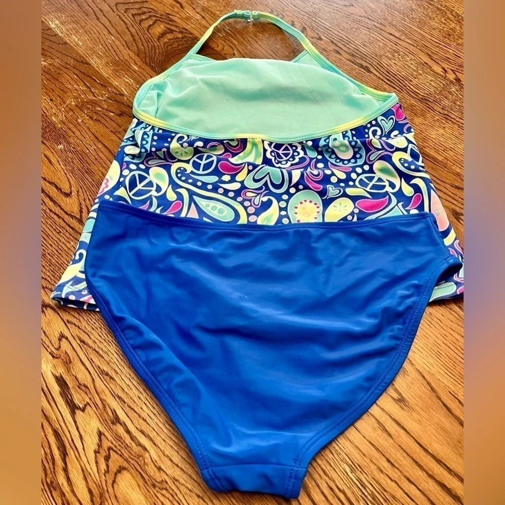OP Girls Swimsuit Size 10/12 Medium Tankini Blue Paisley Peace Sign 2pc Bathing